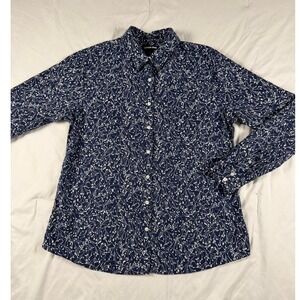 Lands End No Iron Supima Cotton Shirt 12 Navy Blue Floral Button Down Blouse